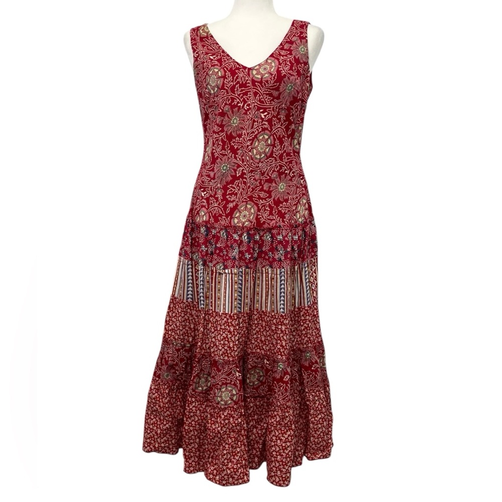 Coldwater Creek Maxi Tiered  Dress Red Ditsy Floral Cottagecore Boho Sz 8